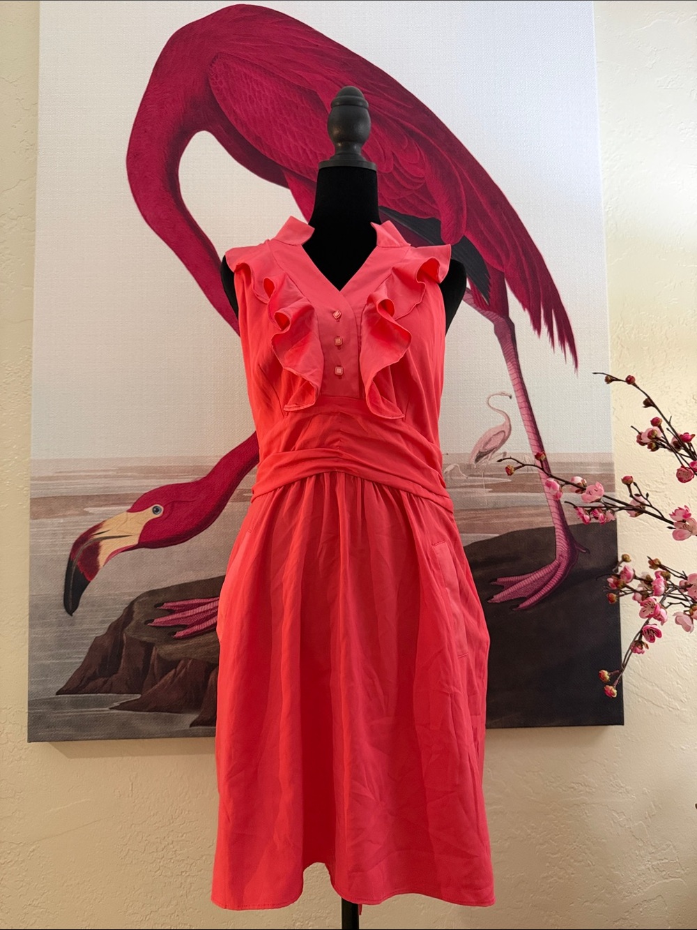 BCBGeneration Coral Ruffle V-Neck Midi Dress